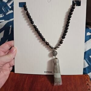 Express Long Wooden Jet Black & White Crystal Bead Necklace ~ NEW ~ Bohemian